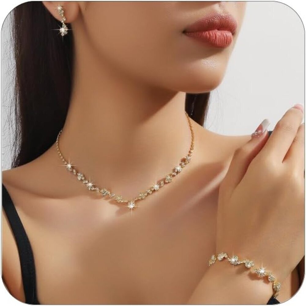 Wedding Jewelry Set Rhinestone Gold Earrings Necklace Bracelet Bridal Prom